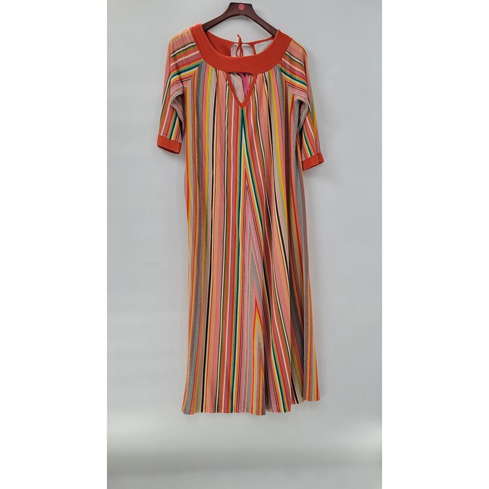 VTG Sears 70s Multicolor Striped House Coat Small Orange Robe Keyhole Back